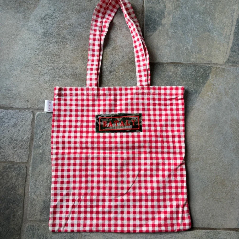 Eataly Gingham Market‎ Tote Bag Red White CAMO Check Cotton Promo 14.5x15.5 RARE